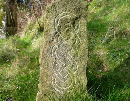 Preseli Bluestone standing stone with hand carved Celtic knot