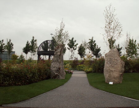 Two hand carved standing stones at the Gardeners World Show