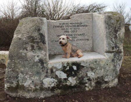 Very large memorial seat stone with hand carved inscription - and dog