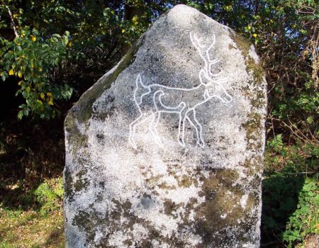 Hand carved Pictish stag on a Cornish granite standing stone