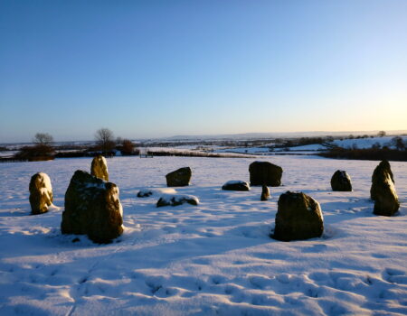 Stone circle of Hurtwood sandstone in snow